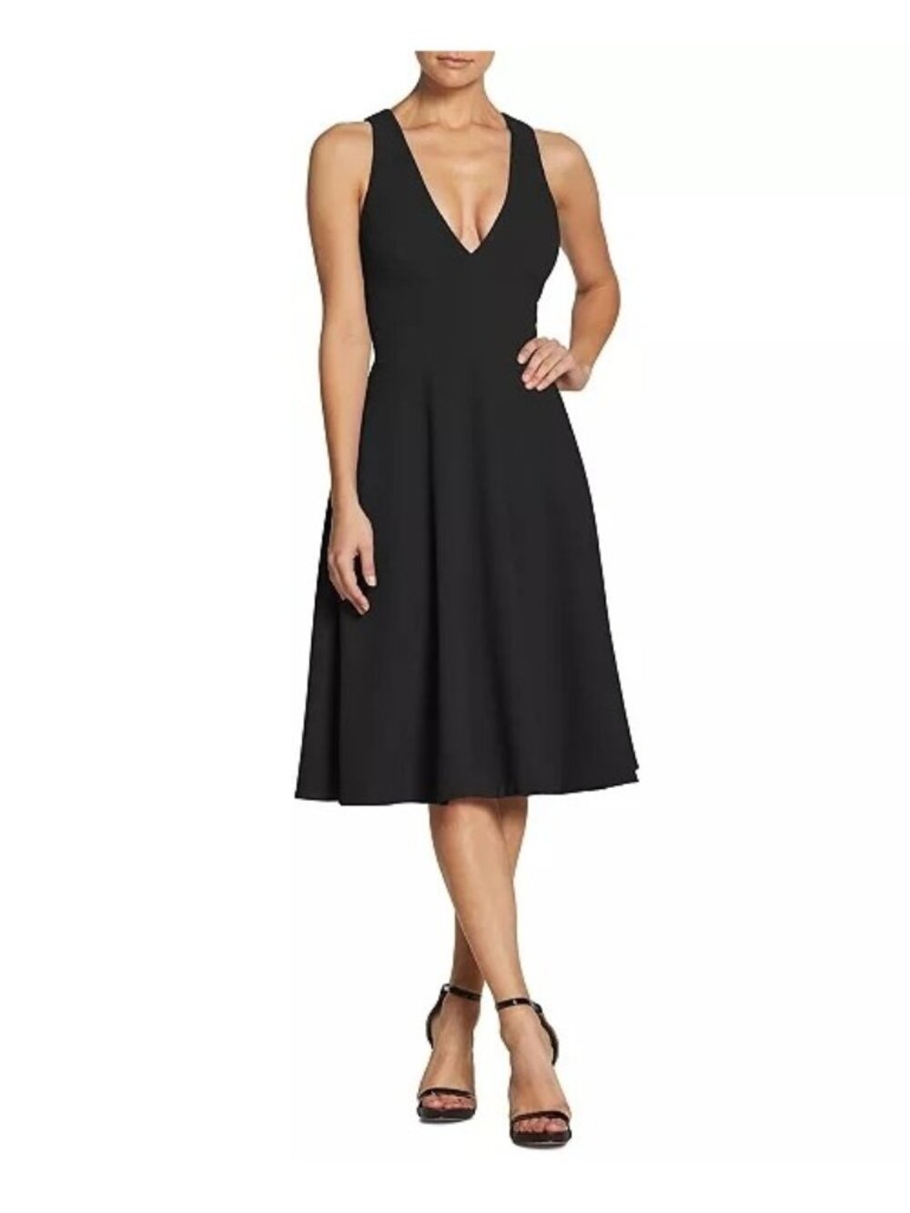 Dress The Population Catalina Crepe VNeck Black Fit & Flare Cocktail Dress L NWT